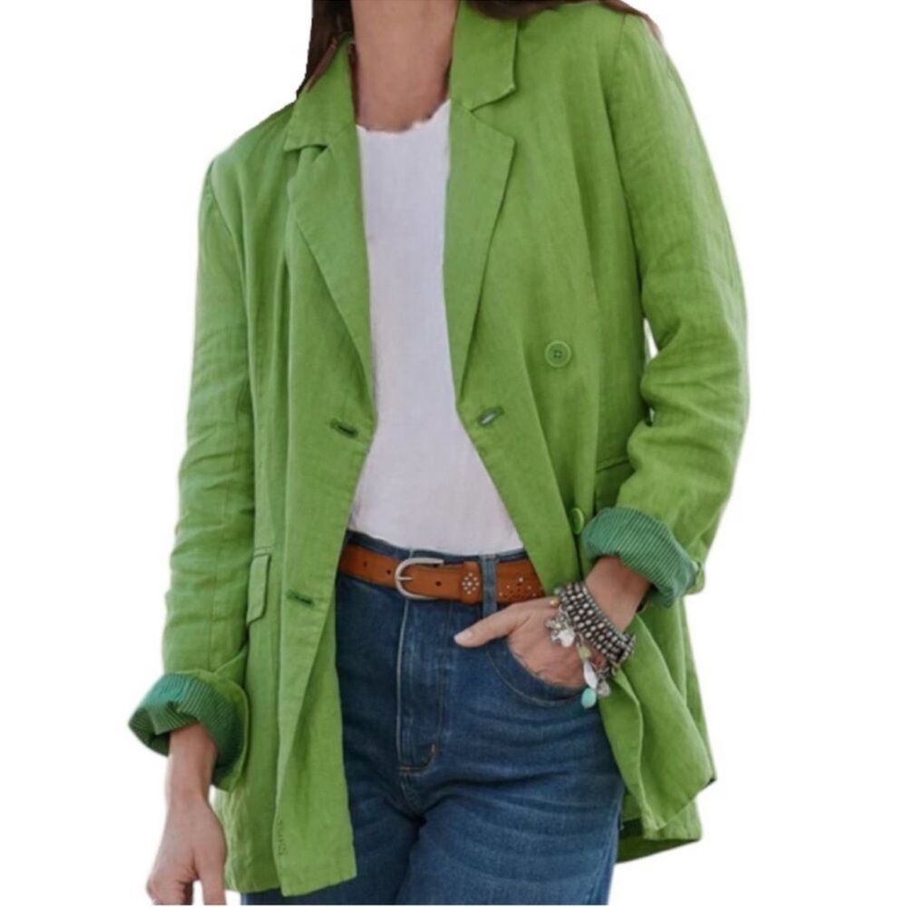 Sundance Oaklee Linen Double Breasted Blazer Green Tea Size Large Petite